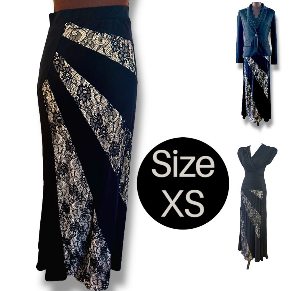 Women’s Long Skirt, Black & Nude Lace Panel, slimming skirt, Party, Gala’s, Date